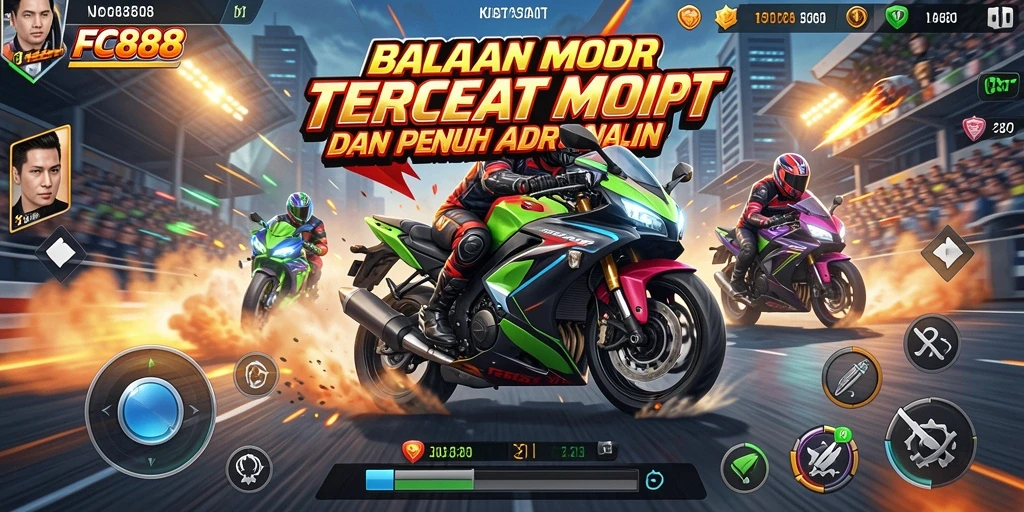 Screenshot gameplay <strong>FC888</strong> menunjukkan balapan motor yang mendebarkan.