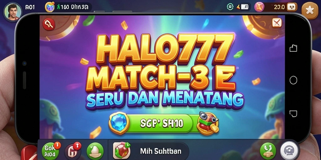Tangkapan layar gameplay HALO777 menunjukkan aksi seru dalam pertandingan Match-3.