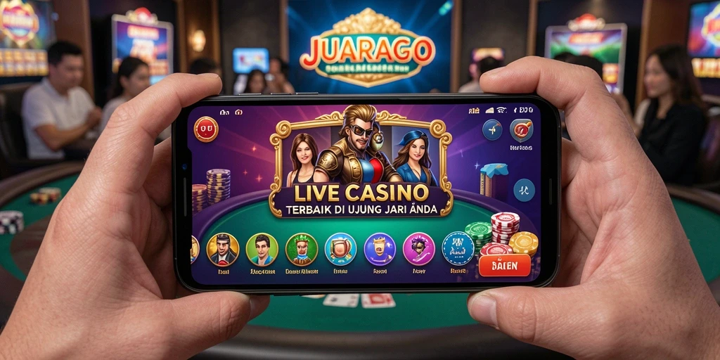 Screenshot gameplay JUARAGO menampilkan dealer langsung dan suasana kasino yang hidup.