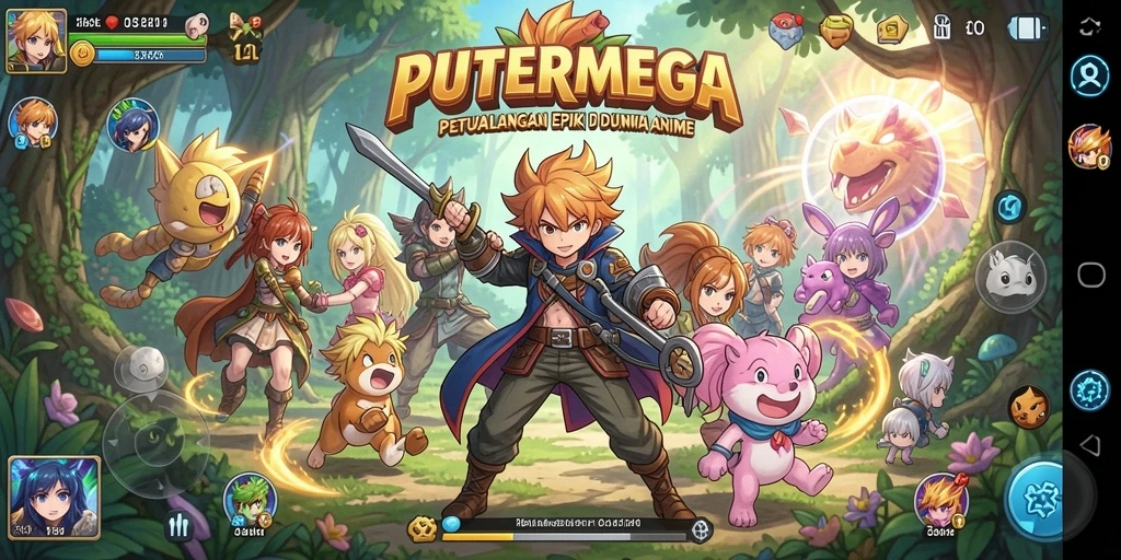 Screenshot gameplay PUTERMEGA menampilkan karakter Anime yang dinamis dan bertarung di arena.