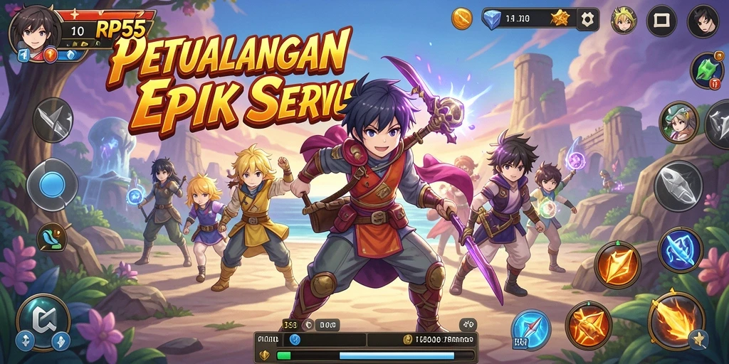 Screenshot gameplay RP55 menampilkan aksi seru karakter Anime.