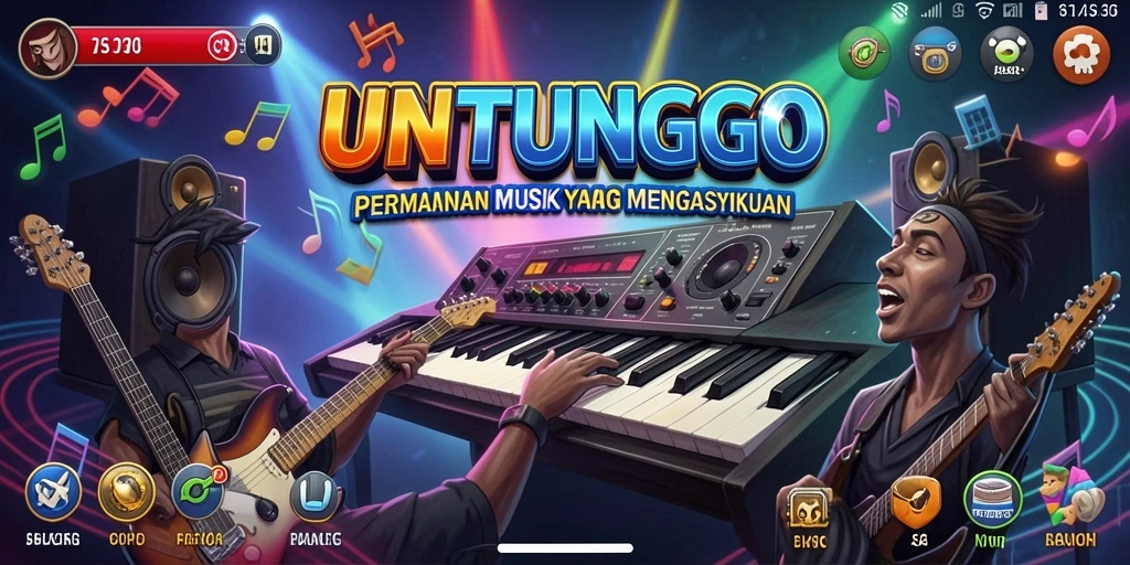 Screenshot utama UNTUNGGO menunjukkan gameplay musik yang seru.